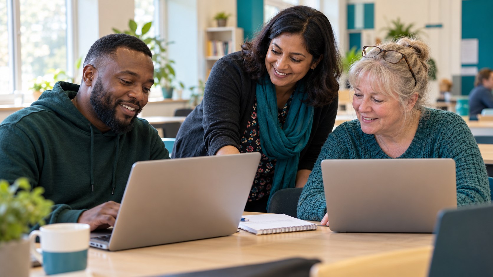 Illustration of adults building digital confidence with a tutor