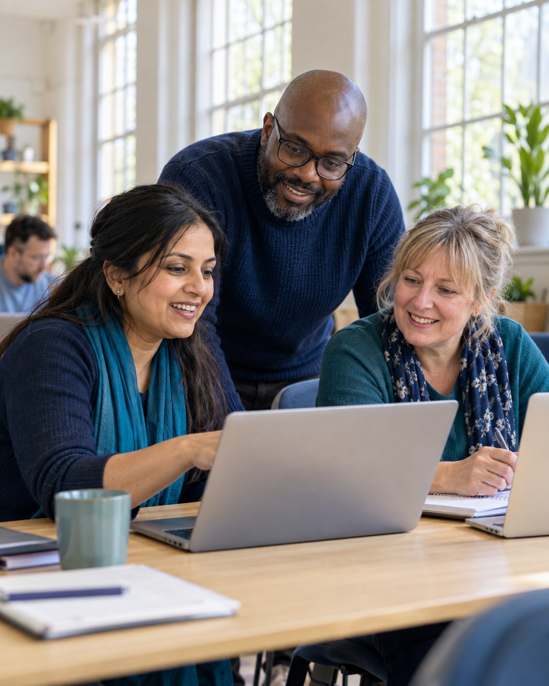 Illustration of adults learning digital skills together in a welcoming training room