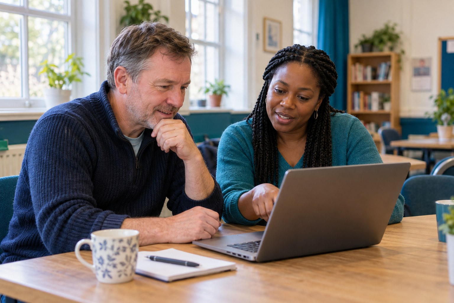 Illustration of a tutor supporting an adult learner with a laptop