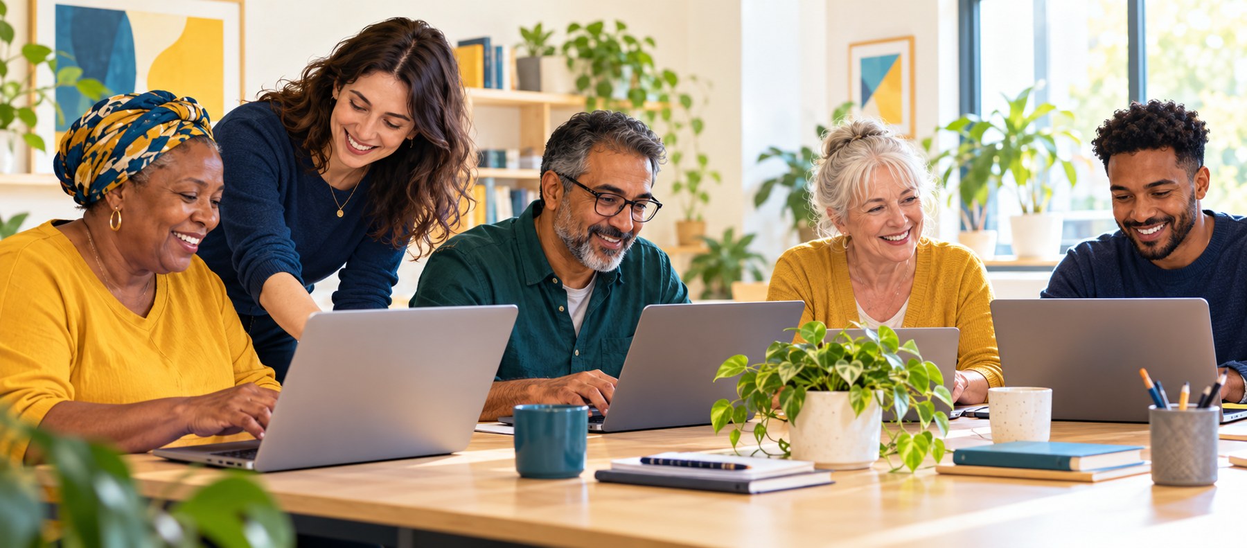 Illustration of adults building digital confidence with a tutor
